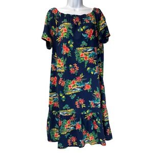 Lands End Floral Shift Dress L Navy Tropical Cotton Pockets Off Shoulder Resort
